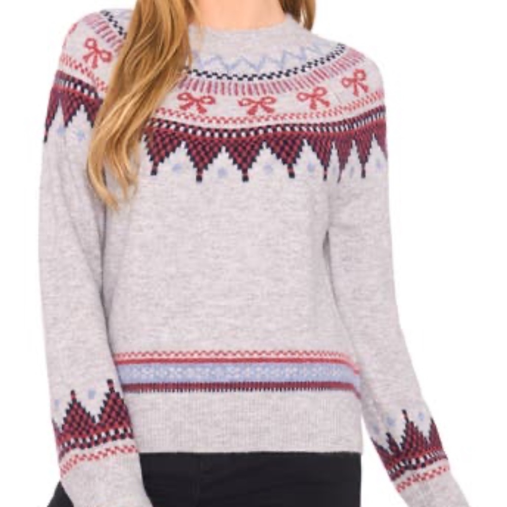 NWT Bow Fair Isle Ribbon Detail Crewneck Sweater Light Gray XL